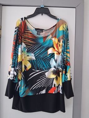 Frank Lyman Design Black Tropical Floral Dolman Sleeve Top - Teal & Yellow